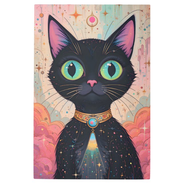 Atomic Futuristic Cosmic Black Cat Universe Metal Print (Front)