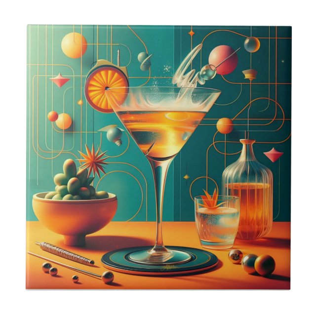 Atomic Futuristic Cosmic Storm Martini Ceramic Tile (Front)