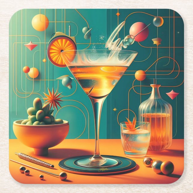 Atomic Futuristic Cosmic Storm Martini Square Paper Coaster (Front)