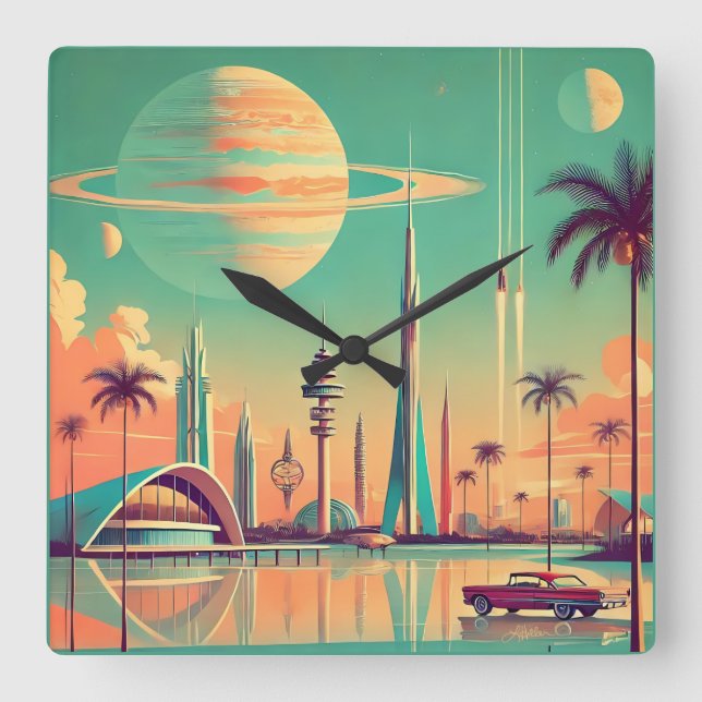 Atomic Futuristic New Florida Square Wall Clock (Front)