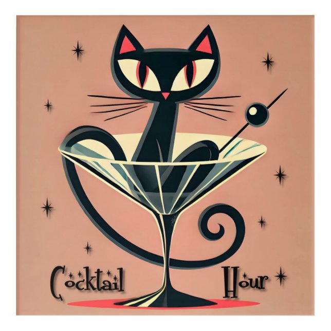 Atomic Futuristic Space Age Black Cat Martini Acrylic Print (Front)
