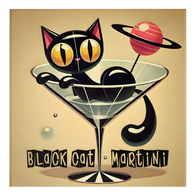Atomic Futuristic Space Age Black Cat Martini Acrylic Print (Front)