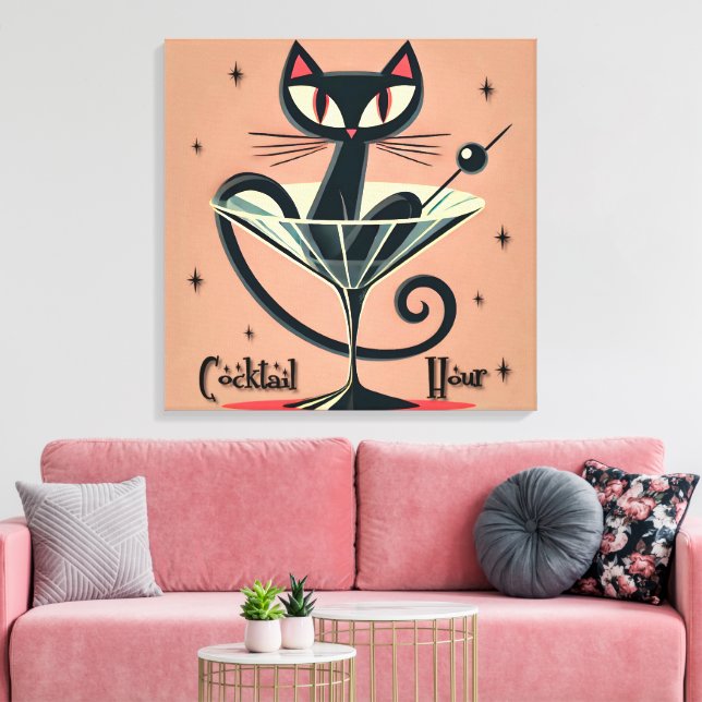 Atomic Futuristic Space Age Black Cat Martini Canvas Print (Insitu(LivingRoom))