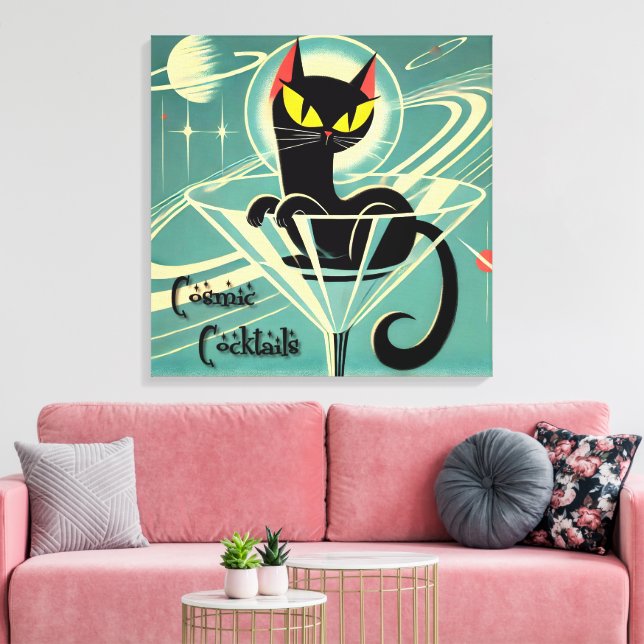 Atomic Futuristic Space Age Black Cat Martini Canvas Print (Insitu(LivingRoom))