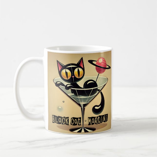 Atomic Futuristic Space Age Black Cat Martini Coffee Mug (Left)