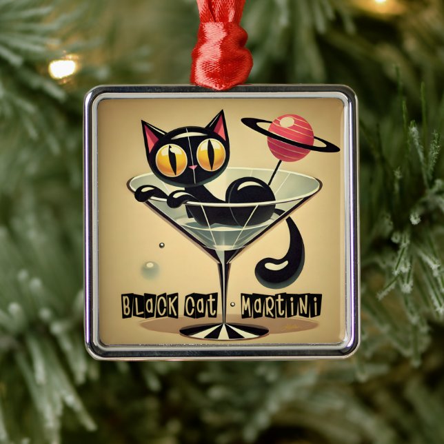 Atomic Futuristic Space Age Black Cat Martini Metal Ornament (Tree)