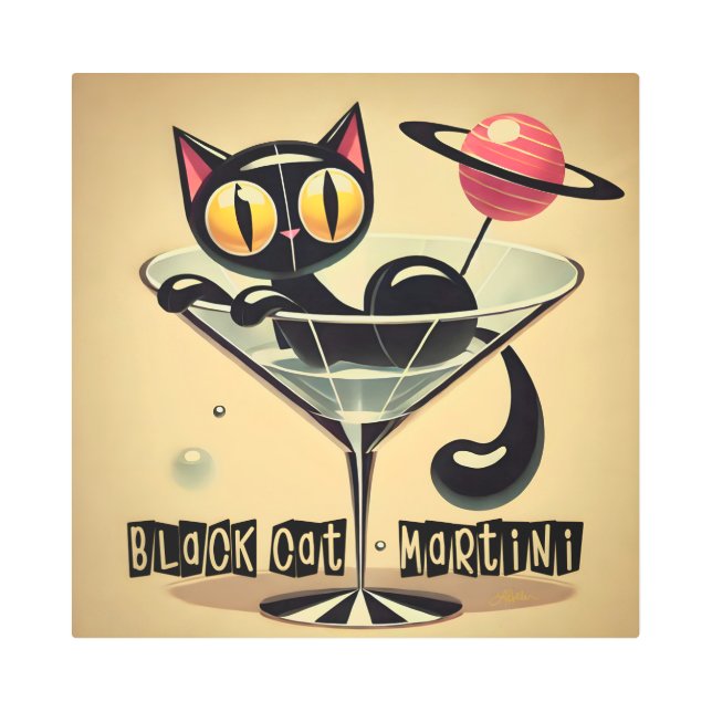 Atomic Futuristic Space Age Black Cat Martini Metal Print (Front)