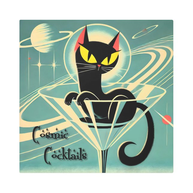 Atomic Futuristic Space Age Black Cat Martini Metal Print (Front)