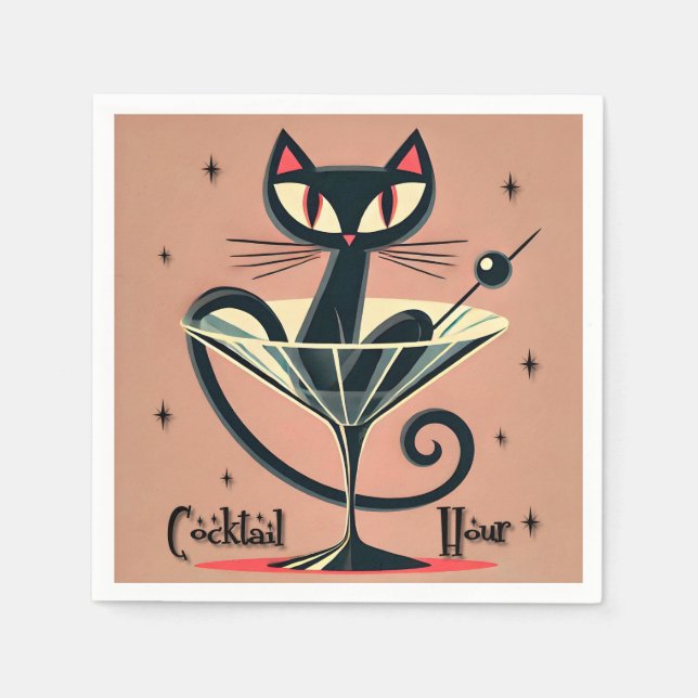 Atomic Futuristic Space Age Black Cat Martini Napkins (Front)