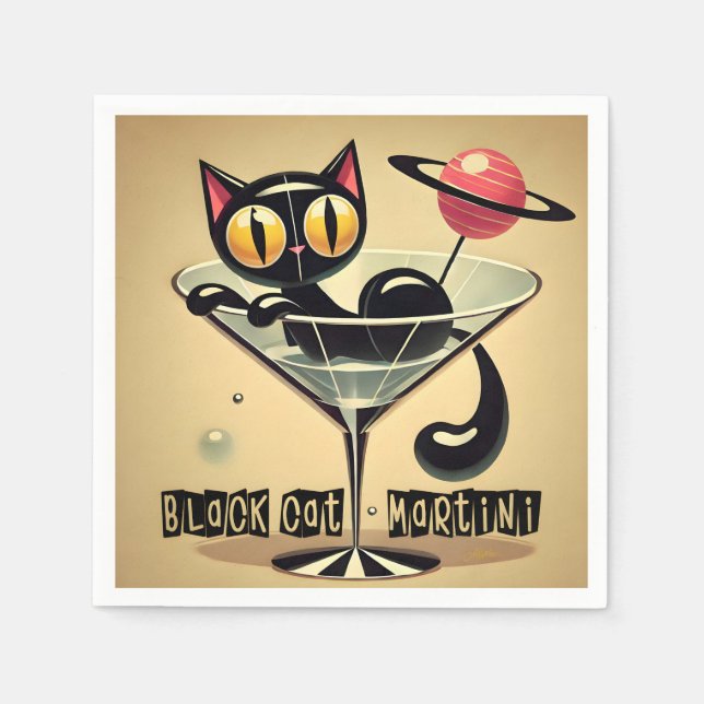 Atomic Futuristic Space Age Black Cat Martini Napkins (Front)