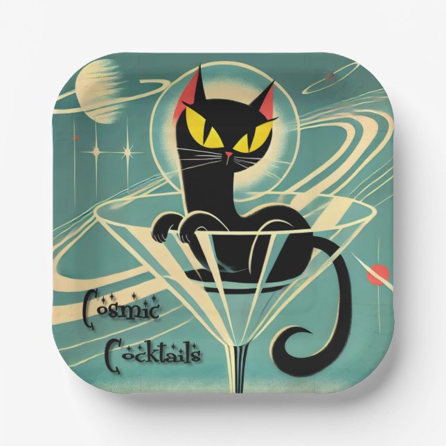 Atomic Futuristic Space Age Black Cat Martini Paper Plates (Front)