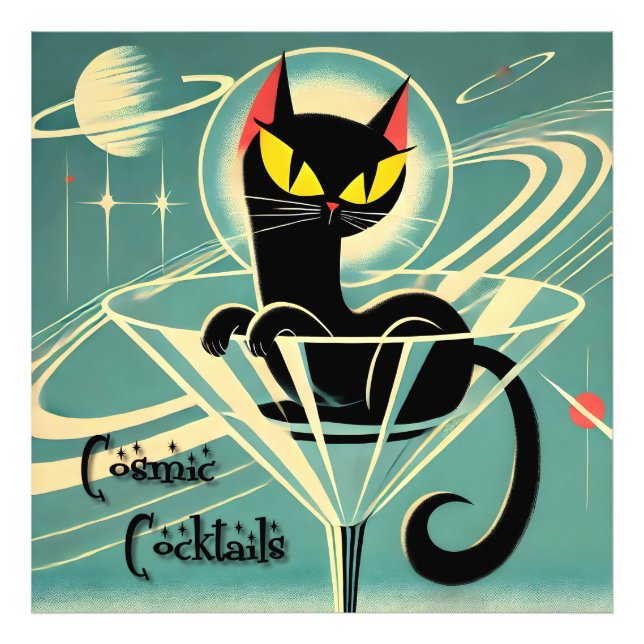 Atomic Futuristic Space Age Black Cat Martini Photo Print (Front)