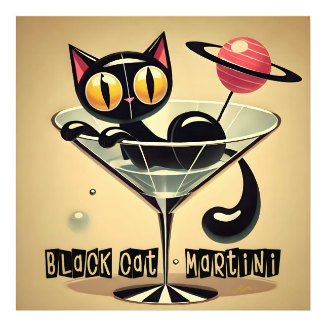 Atomic Futuristic Space Age Black Cat Martini Photo Print (Front)