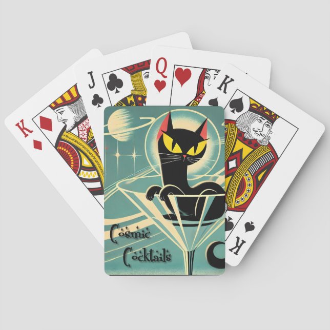 Atomic Futuristic Space Age Black Cat Martini Poker Cards (Back)