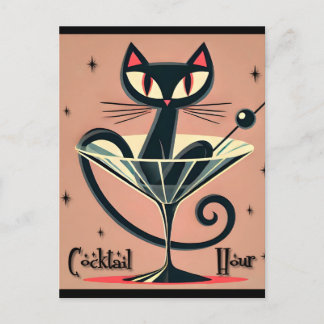 Atomic Futuristic Space Age Black Cat Martini Postcard