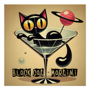 Atomic Futuristic Space Age Black Cat Martini Poster