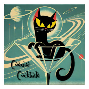 Atomic Futuristic Space Age Black Cat Martini Poster
