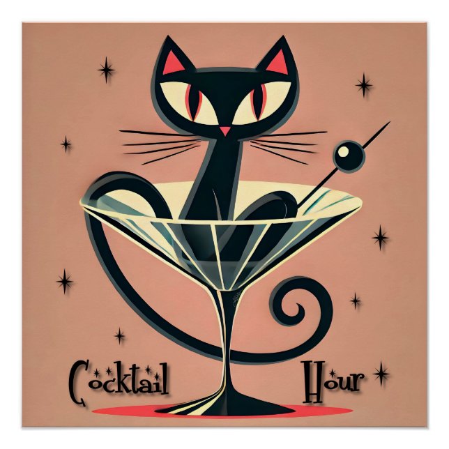 Atomic Futuristic Space Age Black Cat Martini Poster (Front)