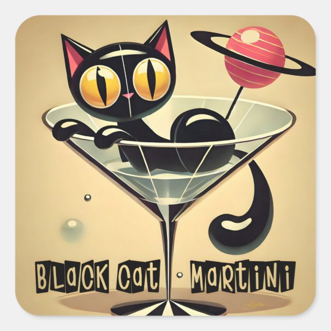 Atomic Futuristic Space Age Black Cat Martini Square Sticker (Front)