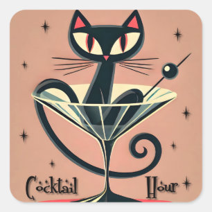 Atomic Futuristic Space Age Black Cat Martini Square Sticker