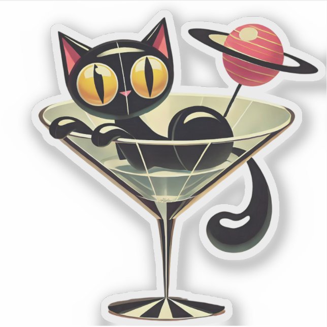 Atomic Futuristic Space Age Black Cat Martini  Sticker (Front)
