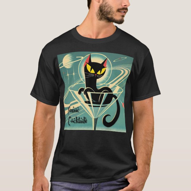 Atomic Futuristic Space Age Black Cat Martini T-Shirt (Front)