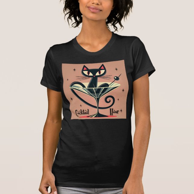 Atomic Futuristic Space Age Black Cat Martini T-Shirt (Front)