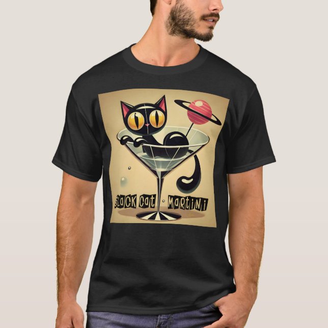 Atomic Futuristic Space Age Black Cat Martini T-Shirt (Front)
