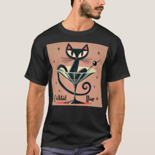 Atomic Futuristic Space Age Black Cat Martini T-Shirt