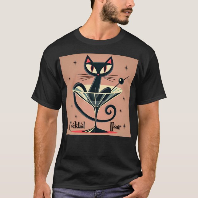 Atomic Futuristic Space Age Black Cat Martini T-Shirt (Front)