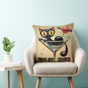 Atomic Futuristic Space Age Black Cat Martini Throw Pillow