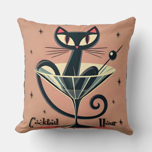 Atomic Futuristic Space Age Black Cat Martini Throw Pillow (Front)