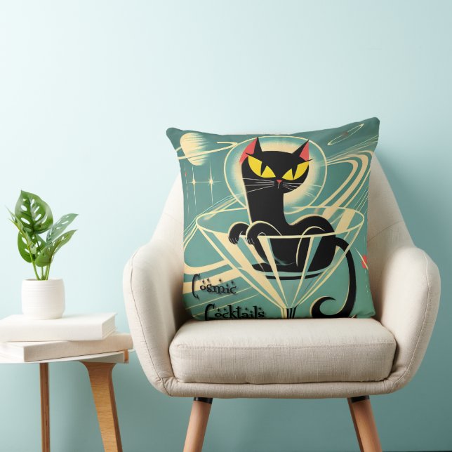 Atomic Futuristic Space Age Black Cat Martini Throw Pillow (Chair)