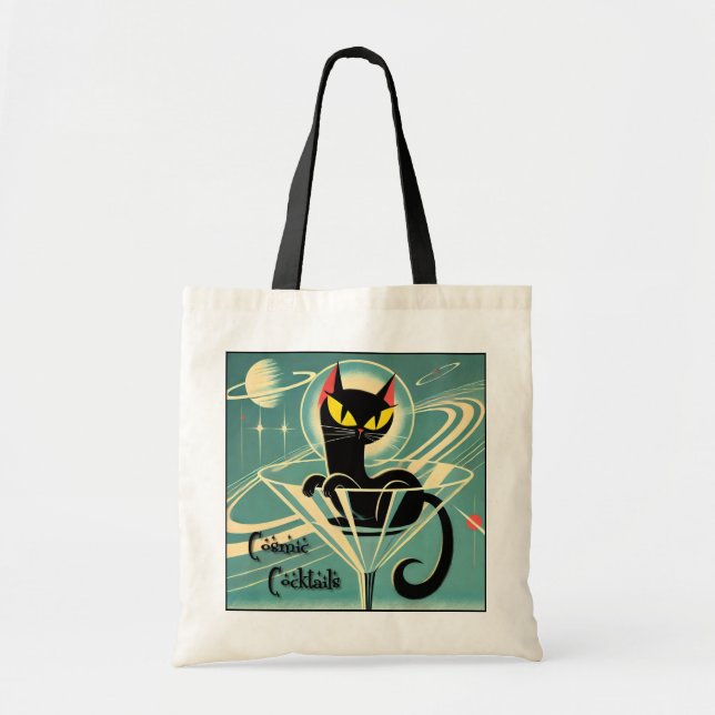 Atomic Futuristic Space Age Black Cat Martini Tote Bag (Front)