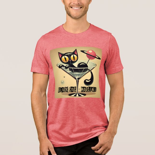 Atomic Futuristic Space Age Black Cat Martini Tri-Blend Shirt (Front)