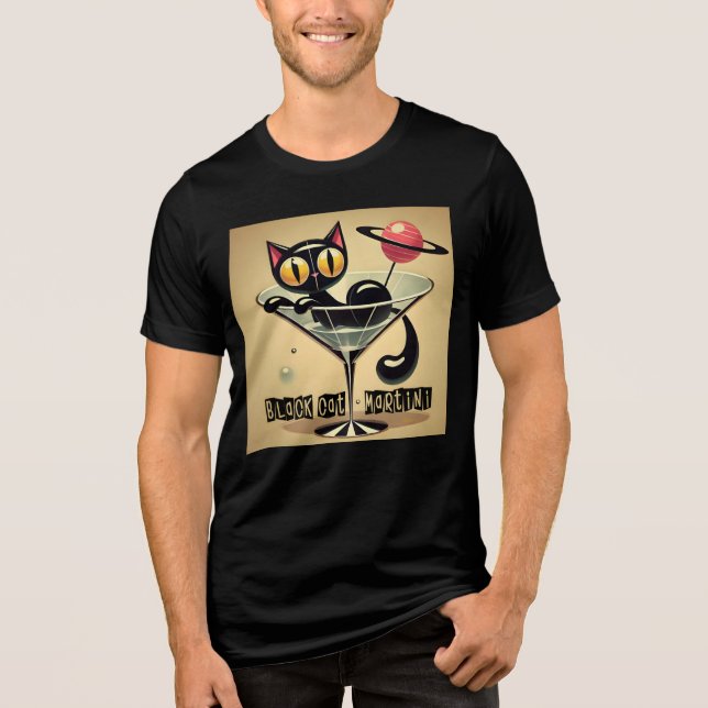 Atomic Futuristic Space Age Black Cat Martini Tri-Blend Shirt (Front)