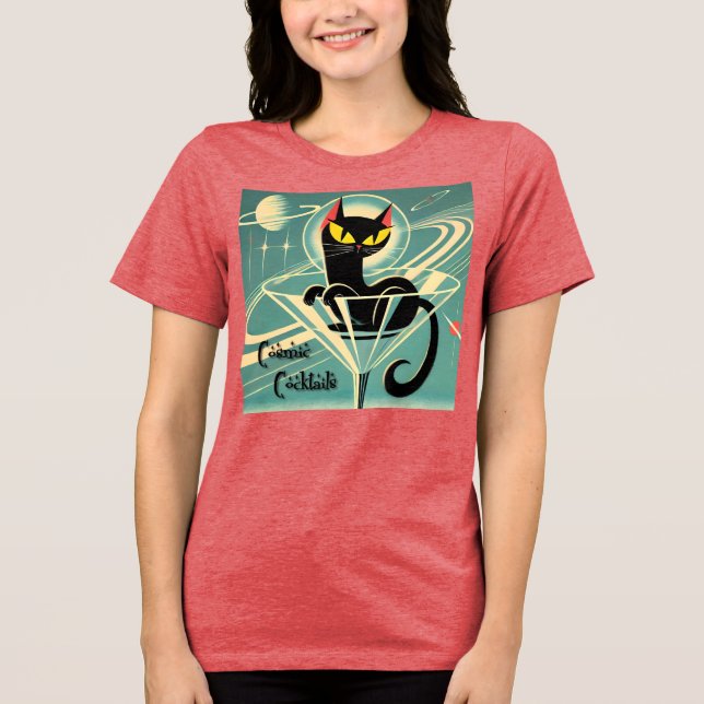 Atomic Futuristic Space Age Black Cat Martini Tri-Blend Shirt (Front)