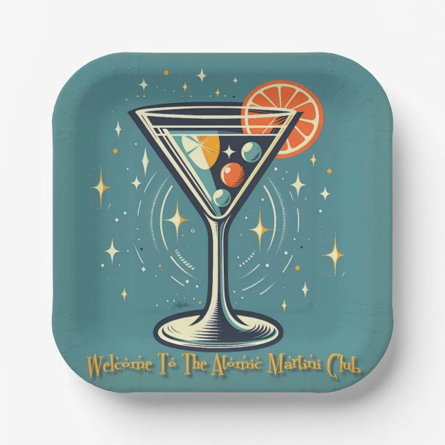 Atomic Martini Club Retro Futuristic Cocktail Paper Plates (Front)