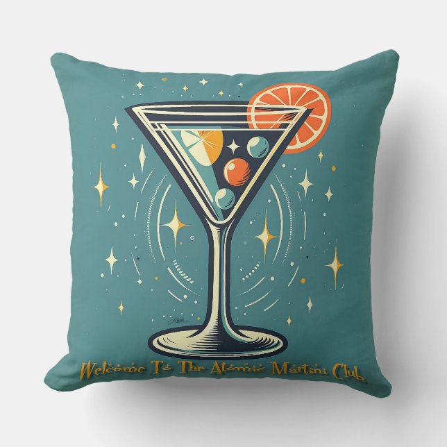Atomic Martini Club Retro Futuristic Cocktail Throw Pillow (Front)
