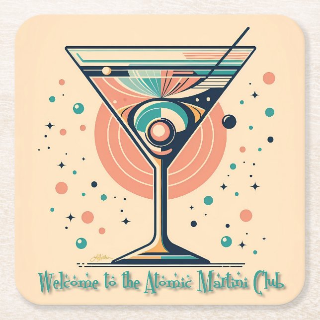 Atomic Martini Club Retro Futuristic Space Age Square Paper Coaster (Front)