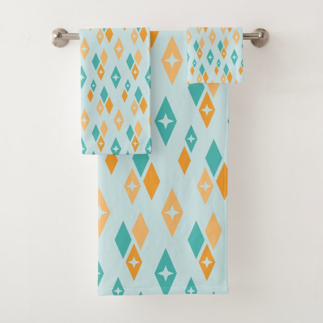 Atomic MCM Diamonds Pattern Aqua, Teal, Orange Bath Towel Set (Insitu)