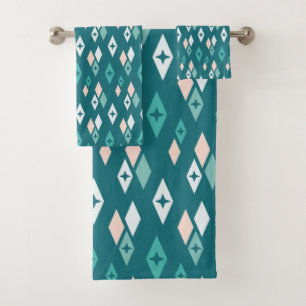 Atomic MCM Diamonds Pattern Teal, Peach, Pale Blue Bath Towel Set