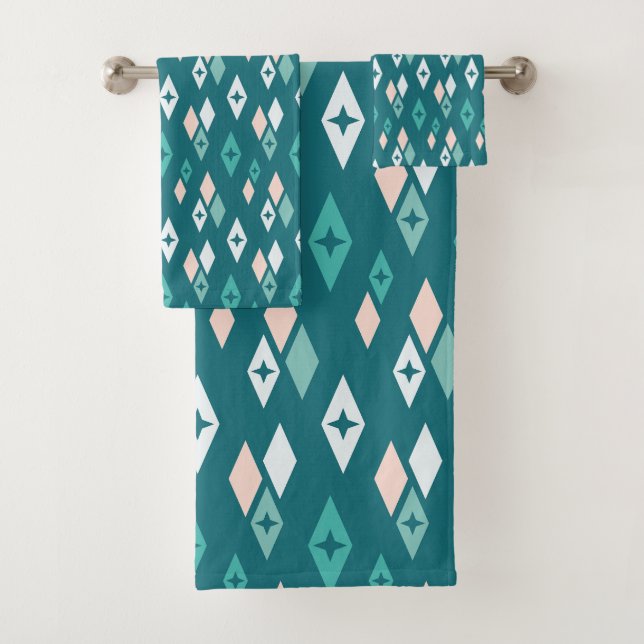 Atomic MCM Diamonds Pattern Teal, Peach, Pale Blue Bath Towel Set (Insitu)