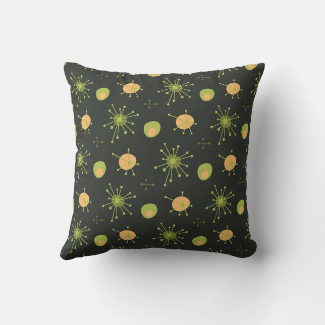 Atomic MCM Starburst Pattern Green, Orange Throw Pillow (Back)
