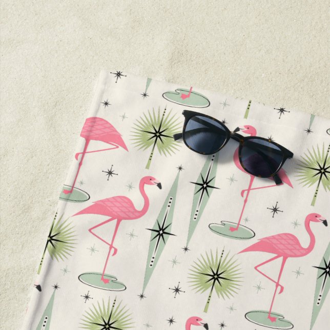 Atomic Oasis with Pink Flamingos Beach Towel (In Situ)