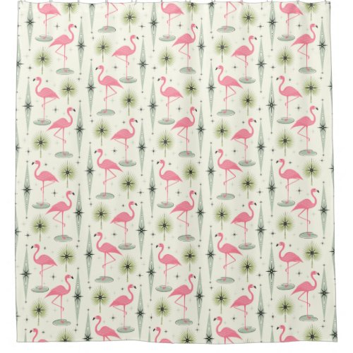 Atomic Oasis with Pink Flamingos II Shower Curtain