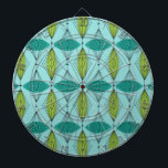 Atomic Ogee and Starbursts Dart Board<br><div class="desc">Oh, gee! It’s an Atomic Ogee and Starbursts Dart Board! It’s a modern take on a classic pattern (a mid century modern take, to be exact). This design features an aqua background with teal and green oval shapes overlaying black, vertical lines of atomic diamonds and starbursts. This mod product brings...</div>