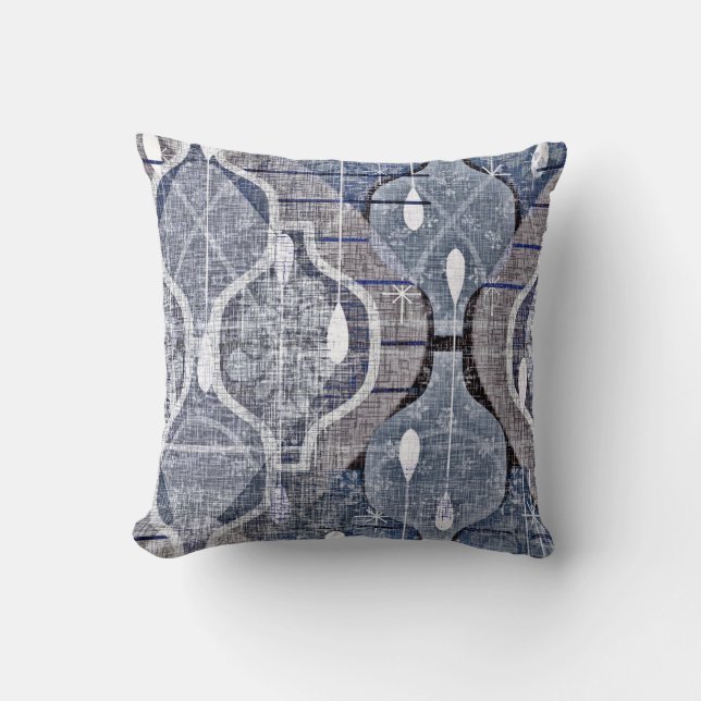 Atomic Ogee Blue Grey Modern Farmhouse Midcentury Throw Pillow (Front)