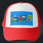 Atomic Palm Springs Cocktail Party Trucker Hat<br><div class="desc">This Atomic Palm Springs Cocktail Party Trucker Hat is kitschy sophistication at its most fabulous! The 1960s style, minimalist art design features a mid-century modern stone fireplace in a shade of blue that coordinates perfectly with the bright cobalt of the rest of the living room. You can see a spectacular...</div>