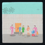 Atomic Palm Springs Stewardess Party Stone Coaster<br><div class="desc">You are invited to the social event of the year with this Atomic Palm Springs Stewardess Party design. Join these three vintage flight attendants from rivaling airlines as they check into their kitschy 1960s breezy block hotel. One of the fabulously hunky bellhops in a retro hot pink uniform holds the...</div>